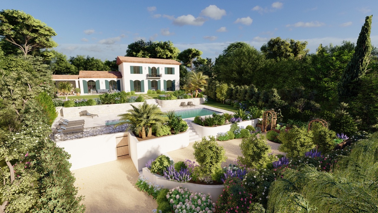 Visuel 3D du projet paysager d'une villa avec grandes plantes et piscine