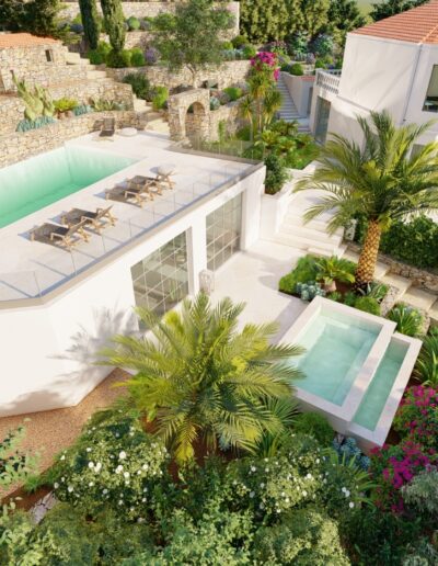 3D aerial view of the project showcasing the main pool, renovated terraces, and the villa within layered garden terraces.