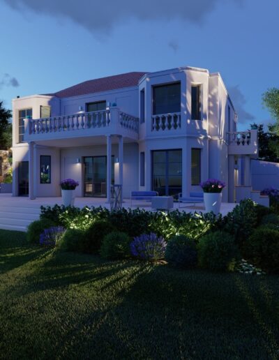 3D night rendering showing the illuminated villa, renovated terrace, and landscaped garden beds.