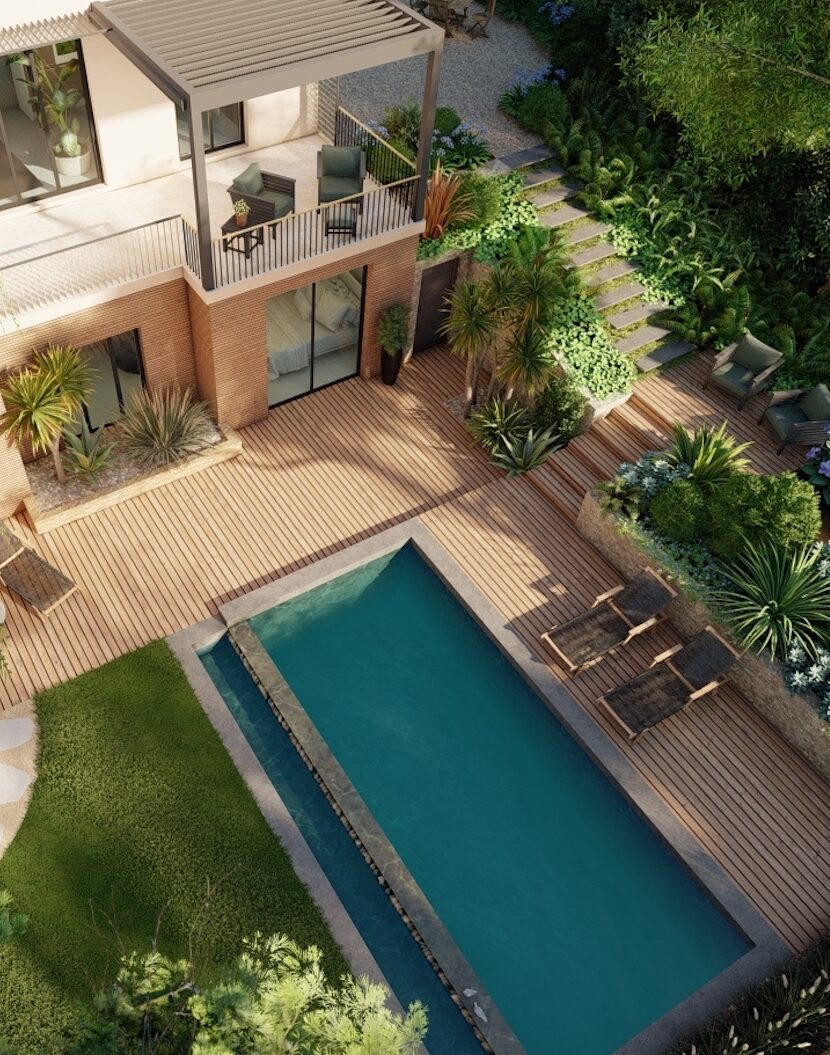 Vue 3D du dessus avec piscine