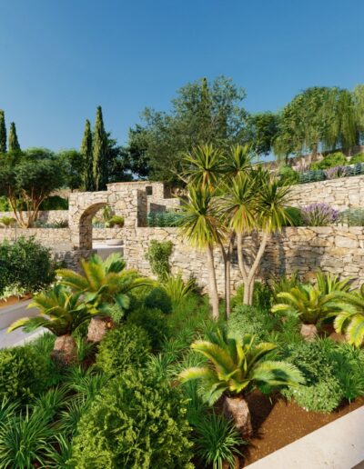 3D rendering of the Mediterranean terraced garden featuring lush plantings, stone steps, and a restored arched passage.