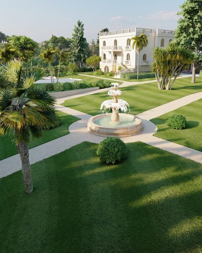 3D d'une villa avec jardin, fontaine, palmiers et piscine