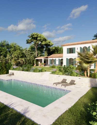 3D rendering showing the pool, lush gardens and the villa in the background