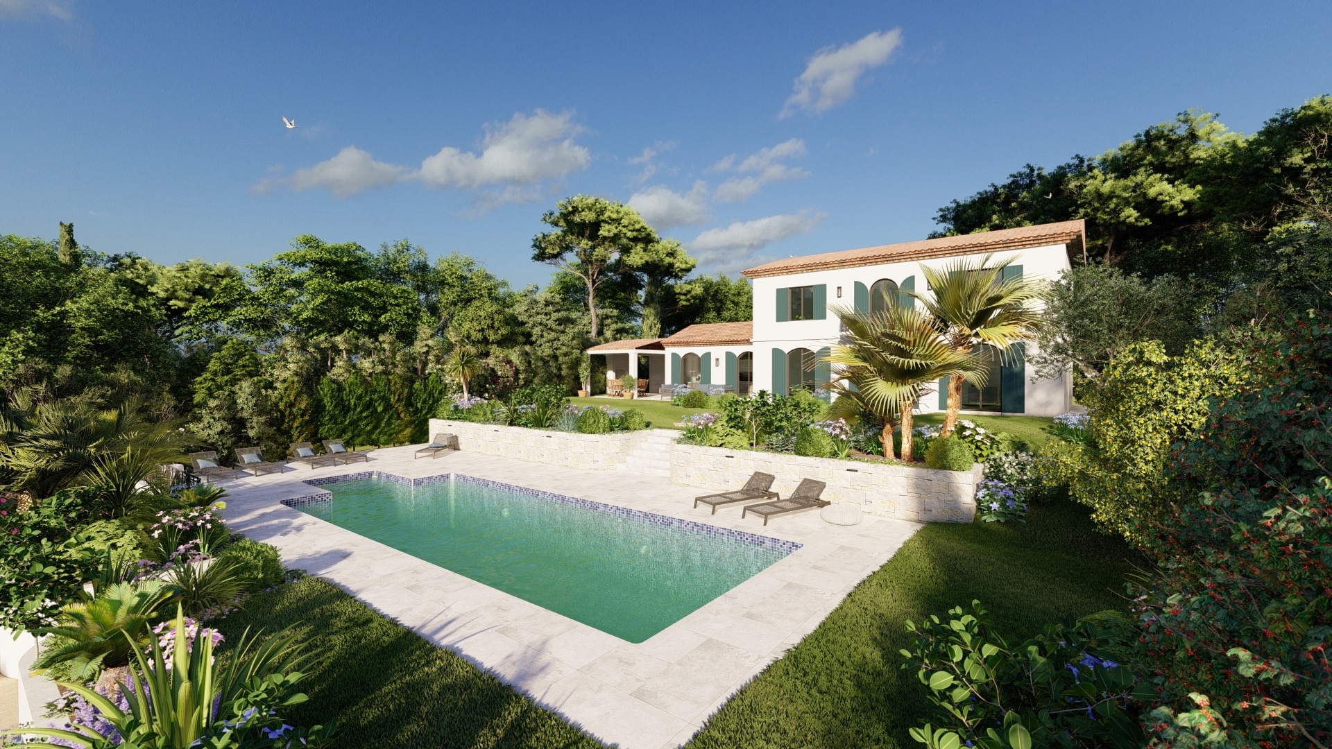 Visuel 3D d'une piscine dans le projet paysager d'une villa méditerranéenne