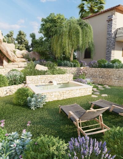 Adonis 3D study of the project, showing the stone pool and relaxation areas