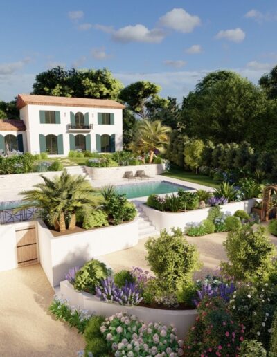 3D aerial rendering of a Mediterranean villa with terraced gardens, swimming pool and flower beds