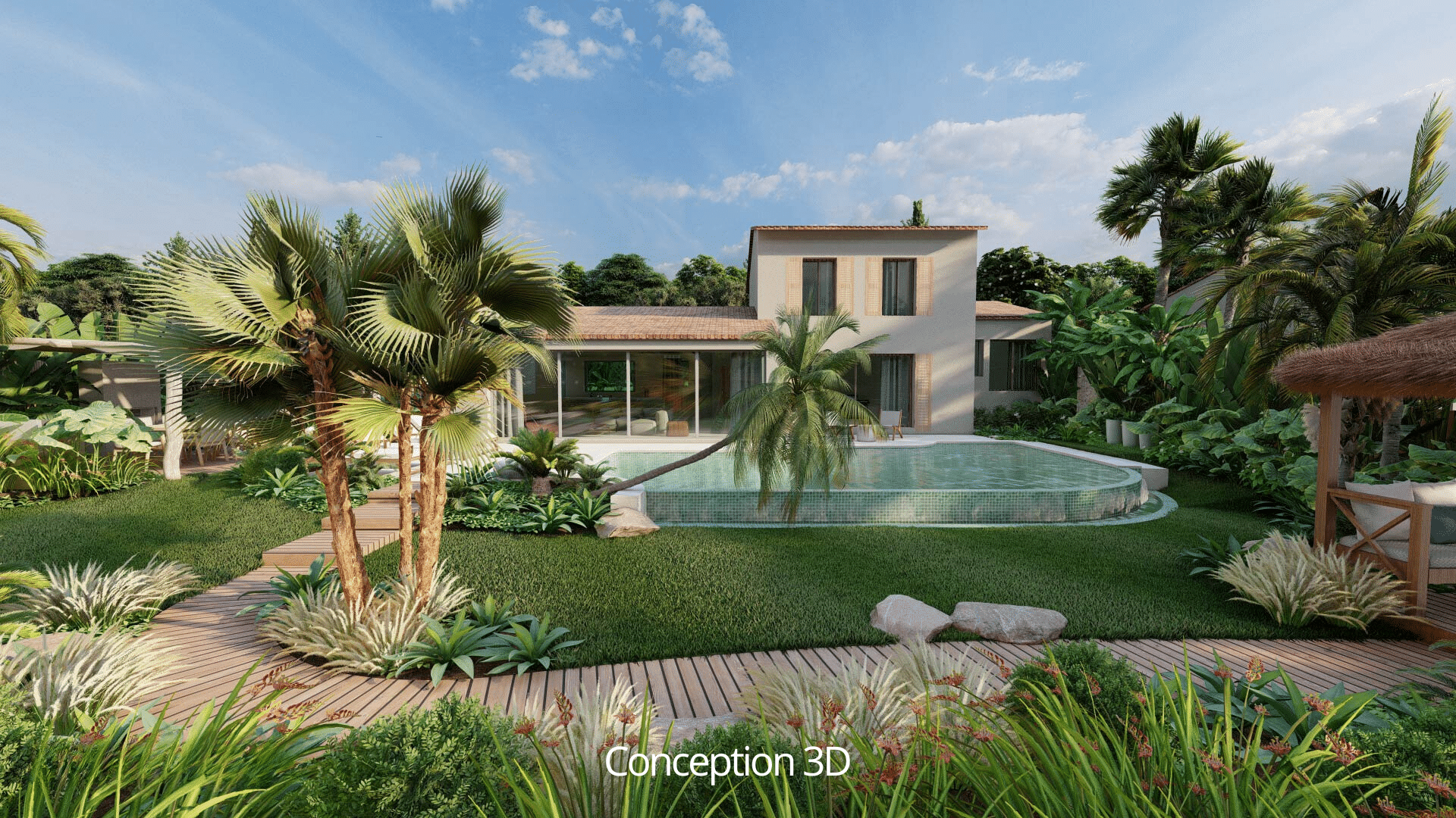 Conception 3D d'un projet paysager réalisé par Adonis Paysages pour une villa avec piscine