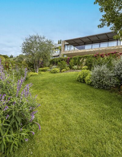 Curved wooden pathway winding through dense, colorful vegetation