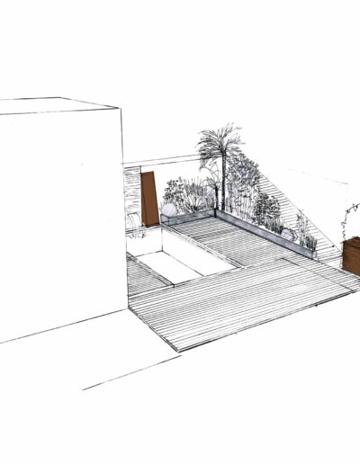 Esquisse de projet montrant la rénovation de la terrasse et de l’espace piscine