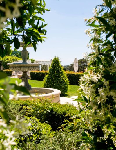 Fontaine en pierre entourée de jasmin dans un jardin paysager