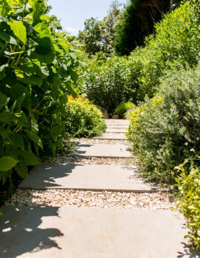 Garden path with stone slabs surrounded by lush greenery and plant beds