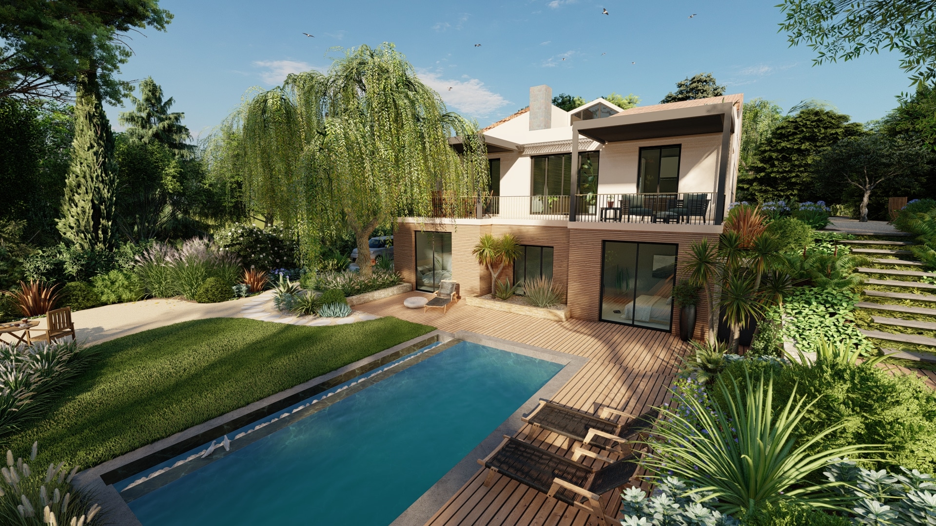 3D villa avec piscine, saule pleureur