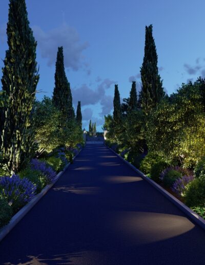 Visuel 3D de l’allée d’entrée éclairée de nuit, bordée de cyprès, lavandes et massifs méditerranéens.