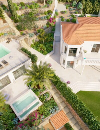 Vue 3D aérienne de l’ensemble du projet : villa, piscine, bassin, terrasses, restanques et aménagement paysager complet.