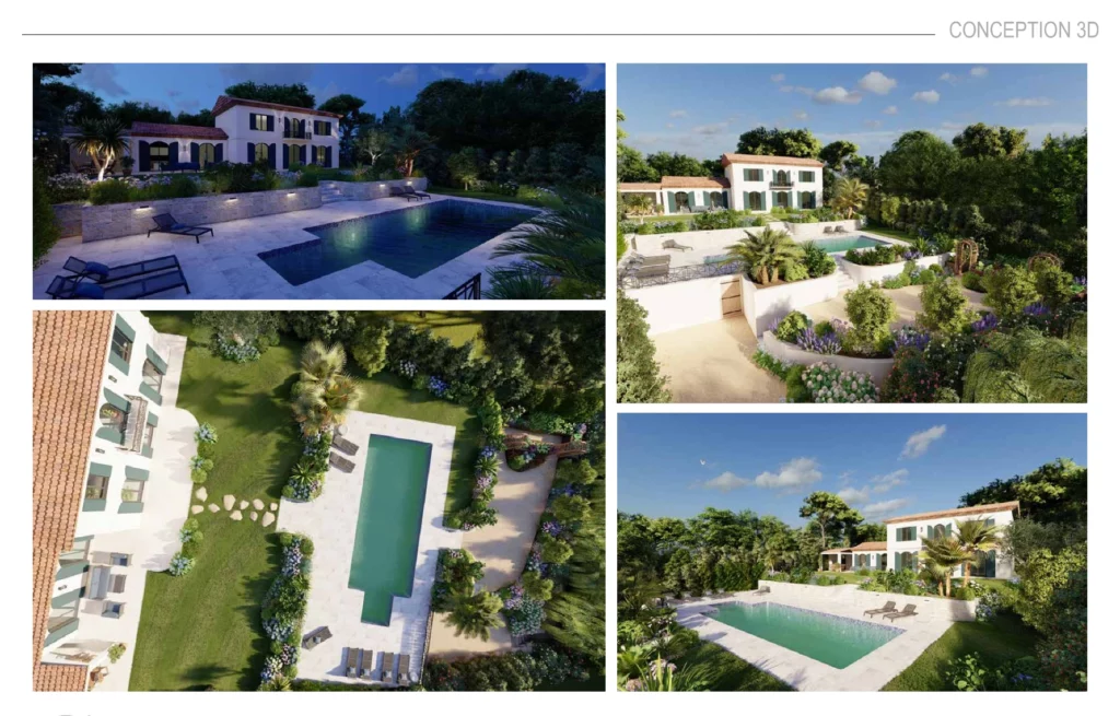 Planche avec vues 3D du projet paysager d'une villa provençale