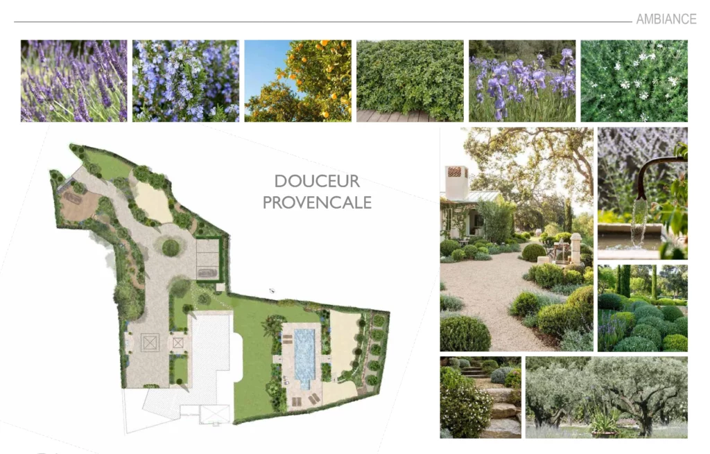 Planche d'inspiration Adonis pour le projet paysager d'une villa provençale