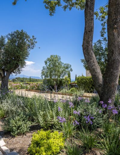 Mediterranean garden with lush vegetation and open view over the hills