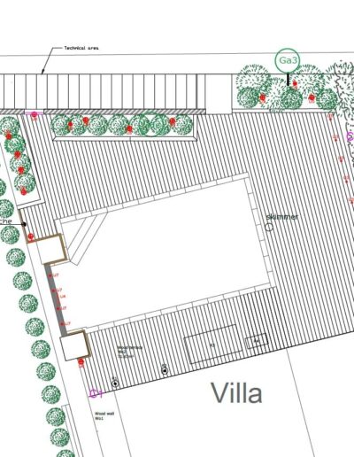Site plan showing the pool, wooden decks, planting areas and technical zones of the project
