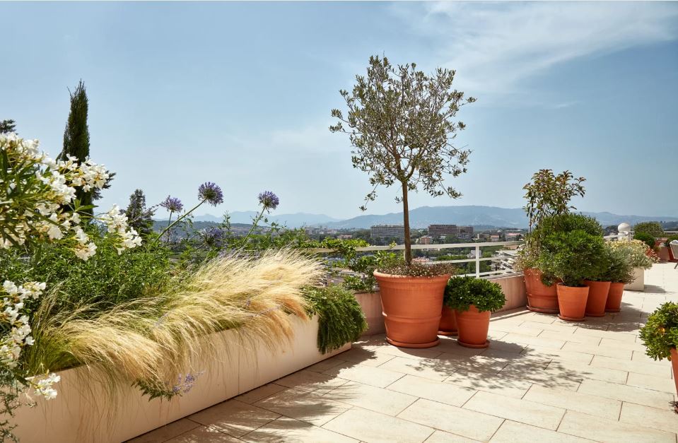 Terracotta-colored clay tile terrace in a light shade