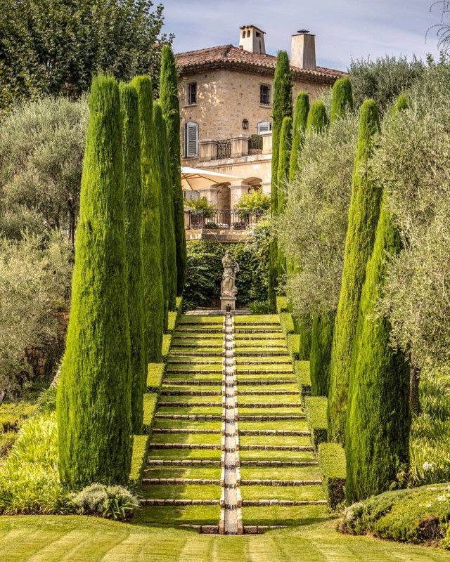 Art topiaire : allée de cyprès pour rejoindre une villa