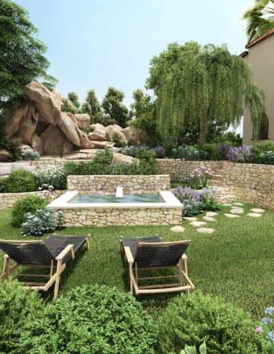 Vue 3D du projet Adonis pour la villa Hinn, avec bassin et aménagements en restanques