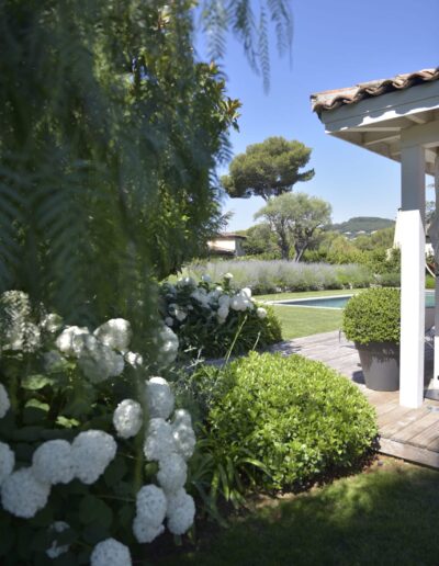 White hydrangea bed near a wooden deck with a pool and Mediterranean garden in the background